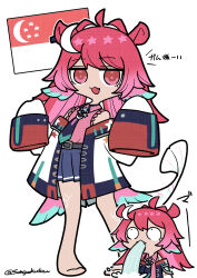  :3 ahoge animal_ears barefoot belt black_belt blue_necktie blue_skirt chibi chibi_only commentary_request constricted_pupils crescent crescent_hair_ornament fang fins fish_tail full_body hair_ornament head_fins highres jacket jitome kokkimusume looking_at_viewer looking_up multicolored_jacket multicolored_necktie multiple_views necktie off-shoulder_jacket off_shoulder open_mouth personification pink_shirt pleated_skirt red_eyes red_hair saigokudou shirt shirt_tucked_in sidelocks simple_background singaporean_flag skirt sleeveless sleeveless_shirt sleeves_past_fingers sleeves_past_wrists sound_effects standing swept_bangs tail thighs translation_request twintails twitter_username vomiting water white_background white_jacket white_tail wide_sleeves 