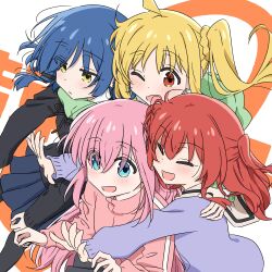  4girls :d absurdres ahoge blonde_hair blue_eyes blue_hair blue_skirt bocchi_the_rock! braid braided_base closed_eyes commentary_request detached_ahoge gotoh_hitori highres ijichi_nijika jacket kita_ikuyo long_hair mayo_(oekaki_bibbi) mole mole_under_eye multiple_girls one_eye_closed open_mouth pink_hair pink_jacket ponytail ponytail_with_braided_base red_eyes red_hair short_hair side_ponytail skirt smile track_jacket yamada_ryo 