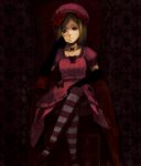  bow breasts chin_rest crossed_legs dress elbow_gloves gloves hair_bow hair_ornament hairclip jewelry lambdadelta necklace red_eyes sitting striped striped_legwear striped_thighhighs thigh-highs thighhighs umineko_no_naku_koro_ni 