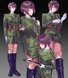  1girl absurdres belt boots breasts brown_eyes coat commentary_request gloves hat highres large_breasts leveen looking_at_viewer mature_female medal military_hat military_uniform necktie original purple_hair putting_on_gloves school_uniform shirt short_hair solo standing thighs white_gloves white_shirt 