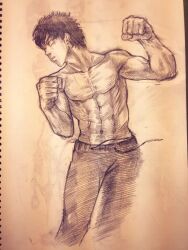  1boy abs check_copyright clenched_hands commentary_request copyright_request cropped_legs graphite_(medium) hands_up jun_(navigavi) lips looking_to_the_side male_focus monochrome motion_lines navel nose original pants paper_background parted_lips photo_(medium) ribs short_hair sketch solo toned toned_male topless_male traditional_media 