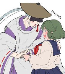  1boy 1girl ajirogasa arrow_(symbol) black_lips blush commentary_request earrings green_hair grey_hair hat highres hinako_(omusubi) holding_hands issa_(omusubi) japanese_clothes jewelry kariginu libera long_hair nail_polish official_art omusubi_(game) ponytail short_hair smile tassel tassel_earrings 