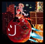  1girl absurdres album_cover bracelet bubble bubble_blowing building canon_(company) cover dj_kazu feather_boa headphones high_heels highres jewelry multicolored_hair official_art phonograph sticker strapless sushio thigh-highs tokyo_tower tubetop turntable 