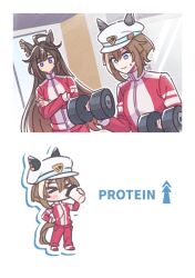  >_< 2girls ahoge akamirai animal_ears blue_eyes brown_hair cheval_grand_(umamusume) closed_mouth commentary_request crossed_arms cup dumbbell duramente_(umamusume) ear_ornament ears_through_headwear exercising hair_between_eyes hat highres holding holding_dumbbell horse_ears horse_girl horse_tail jacket long_hair long_sleeves multiple_girls pants red_jacket red_pants short_hair_with_long_locks standing tail tracen_training_uniform track_jacket umamusume very_long_hair weightlifting white_hat 