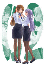  2girls blue_eyes braid brown_hair eye_contact full_body hair_ornament hair_ribbon hand_on_another's_waist high_heels long_hair looking_at_another lyrical_nanoha mahou_shoujo_lyrical_nanoha_exceeds:_gun_blaze_vengeance multiple_girls necktie nishitoshi_x pantyhose pencil_skirt purple_hair reinforce ribbon shirt shoes simple_background skirt smile white_background white_shirt x_hair_ornament yagami_hayate yuri zoom_layer 
