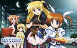 blonde_hair blue_eyes breasts brown_hair cape cleavage cleavage_cutout crescent_moon cresent_moon eating fang fate_testarossa fingerless_gloves food glass gloves hair_ribbon long_hair mahou_shoujo_lyrical_nanoha mahou_shoujo_lyrical_nanoha_the_movie_1st moon official_art open_mouth pizza pizza_hut product_placement purple_eyes red_eyes red_hair ribbon short_hair short_twintails skirt smile takamachi_nanoha thighhighs twintails wallpaper yuuno_scrya 