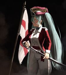  1girl absurdres aqua_eyes aqua_hair black_background demonslimex england english_flag english_miku hair_between_eyes hat hatsune_miku hatsune_miku_world_cup_custody_battle_(meme) highres holding holding_sword holding_weapon jacket jitome meme red_hat red_jacket solo sword twintails vocaloid weapon 