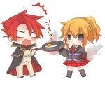  azuki_(lizzy) blonde_hair burning_hand cape cloak frying_pan grey_eyes red_hair redhead skirt socks surprised sweatdrop umineko_no_naku_koro_ni ushiromiya_battler ushiromiya_jessica 