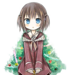  1girl amakaze_sora blue_eyes blush brown_hair brown_jacket collared_shirt jacket long_sleeves looking_at_viewer lowres original parted_lips shirt simple_background sleeves_past_wrists solo two_side_up white_background white_shirt 