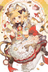  1girl absurdres ahoge animal animal_ear_fluff animal_ears apron black_bow black_bowtie blonde_hair blunt_bangs bow bowtie brown_eyes brown_shoes cake cake_slice cat cat_ears cat_girl cat_tail checkerboard_cookie cookie cup doughnut dress drinking_glass drinking_straw food foot_out_of_frame frilled_bow frills fruit hair_bow highres holding holding_pastry_bag leg_up looking_at_viewer open_mouth original over-kneehighs pastry_bag shoes short_hair short_sleeves si_ji_huagaole_ma sidelocks solo standing standing_on_one_leg strawberry swiss_roll tail thigh-highs white_apron white_thighhighs yellow_dress 