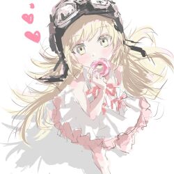  1girl bakemonogatari blonde_hair brian302art commentary doughnut dress eating food goggles goggles_on_headwear heart helmet highres holding holding_food long_hair looking_at_viewer monogatari_(series) oshino_shinobu pink_dress simple_background smile solo white_background white_dress 