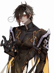  ... 1boy black_robe brown_hair commentary covered_navel genshin_impact gold_trim hand_up highres long_hair male_focus mandarin_collar nowzme7 parted_lips pectorals robe simple_background single_sidelock solo spoken_ellipsis tight_clothes upper_body very_long_hair white_background yellow_eyes zhongli_(genshin_impact) zhongli_(lantern_rite)_(genshin_impact) 
