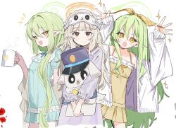  +++ 3girls :3 :d :o aoba_(blue_archive) aoba_(kujibikido)_(blue_archive) aqua_dress artist_collaboration bare_shoulders bib_collar black_hat blonde_hair blue_archive blue_ribbon blunt_bangs bow bowtie brown_eyes brown_scrunchie check_commentary closed_mouth coffee_mug collar collarbone commentary_request cowboy_shot cup double-parted_bangs dress eye_mask eyewear_on_head fang frilled_collar frilled_dress frills green_halo grey_jacket hair_between_eyes hair_bow halo hands_up haruharu_sensei hat hikari_(blue_archive) hikari_(kujibikido)_(blue_archive) holding holding_cup holding_stuffed_toy jacket jacket_partially_removed kepi light_blush long_hair long_sidelocks long_sleeves looking_at_viewer low_side_ponytail mask military_hat mug multiple_girls nightgown nisumo nozomi_(blue_archive) nozomi_(kujibikido)_(blue_archive) off-shoulder_jacket off_shoulder open_clothes open_jacket open_mouth orange_halo pajamas peeking_out plaid_clothes plaid_jacket pleated_dress pointy_ears polka_dot polka_dot_bow puffy_short_sleeves puffy_sleeves purple_pajamas raised_eyebrows raised_inner_eyebrows ribbon scrunchie short_sleeves shuppo_(blue_archive) siblings side_ponytail sidelocks sideways_glance simple_background skin_fang smile snout spaghetti_strap sparkle spread_fingers steam steaming_cup stuffed_toy thick_eyebrows thighs tongue tongue_out twins v-shaped_eyebrows very_long_hair white_background white_collar yellow_bow yellow_bowtie yellow_dress yellow_ribbon youbi_(0ver_sd) 
