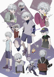  1boy :p backpack bag baseball_cap black_jacket black_shirt blue_eyes closed_mouth commentary_request drink eighth_note falling_feathers feathers fingernails hana_(h6n6_matsu) hand_in_pocket hat heart highres holding holding_drink hood hooded_jacket hunter_x_hunter jacket killua_zoldyck layered_sleeves long_sleeves male_focus multiple_views musical_note purple_hat purple_shoes purple_shorts red_tank_top sharp_fingernails shirt shirt_under_shirt shoes short_hair short_over_long_sleeves short_sleeves shorts standing tank_top tongue tongue_out translation_request turtleneck turtleneck_shirt white_feathers white_hair white_shirt yo-yo 
