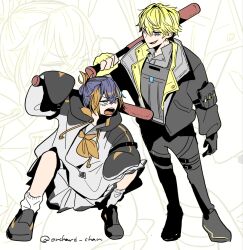  1boy 1girl artist_name baseball_bat black_hair blonde_hair blue_eyes commentary english_commentary folded_ponytail full_body hand_on_own_knee highres holding holding_baseball_bat jitome lineart_zoom_layer mole mole_on_neck multicolored_hair nijisanji nijisanji_en open_mouth orchard_chan petra_gurin petra_gurin_(1st_costume) short_hair slav_squatting sleeves_past_fingers sleeves_past_wrists sonny_brisko sonny_brisko_(1st_costume) squatting streaked_hair twitter_username virtual_youtuber white_background zoom_layer 