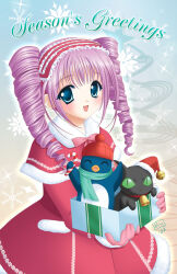  1girl arms_up beanie bell bird black_cat blue_eyes bow bowtie candy candy_cane capelet cat christmas closed_eyes collar colored_sclera commentary dated dress drill_hair english_commentary food fur-trimmed_capelet fur-trimmed_headwear fur_trim gift gloves green_scarf green_sclera hairband hakubo_(otaku_news) happy hat hat_bell holding holding_candy holding_candy_cane holding_food holding_gift lolita_hairband miyuki_(otaku_news) neck_bell open_mouth otaku_news penguin pink_bow pink_bowtie pink_gloves pom_pom_(clothes) pom_pom_beanie promotional_art purple_hair red_capelet red_collar red_dress red_hairband red_hat santa_hat scarf sidelocks signature slit_pupils smile snowflakes sparkle star_(symbol) twin_drills upper_body white_fur wing_yun_man 