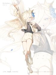  +_+ 1boy :d angel_wings arm_up artist_name asymmetrical_sleeves black_shirt blue_eyes blue_flower blue_rose buttons character_name collared_shirt colored_eyelashes cropped_jacket crown crown_of_thorns dated double-breasted feathered_wings flower frilled_sleeves frills full_body gradient_eyes hair_flower hair_ornament hair_over_one_eye hand_on_own_chest high-waist_shorts highres jacket kirurian_genshou kneehighs lapels layered_sleeves long_hair long_sleeves looking_at_viewer low_ponytail male_focus mary_janes mini_crown multicolored_eyes necktie one_eye_covered open_clothes open_jacket original pointed_crown ponytail rose shirt shirt_tucked_in shoes short_over_long_sleeves short_shorts short_sleeves shorts simple_background smile socks solo sweater_guard thorns tilted_headwear twitter_username two-tone_eyes very_long_hair vine_on_leg white_background white_eyelashes white_hair white_jacket white_necktie white_shoes white_shorts white_socks white_wings winged_shoes wings yellow_eyes zoom_layer 