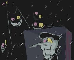  1boy black_hair brandmandrawz cat colored_sclera commentary deltarune english_commentary friend_(deltarune) grin heterochromatic_eyewear heterochromia long_nose pink_eyes pink_sclera pointy_nose smile spamton_g._spamton tinted_eyewear utdr_(toby_fox) yellow_eyes yellow_sclera 