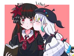  2girls armband beret black_capelet black_hair black_hat black_shirt book border bow capelet closed_eyes closed_mouth collared_shirt colored_tips contrast_collar crown flower hair_bow hair_flower hair_ornament hat highres holding holding_book jacket jacket_partially_removed jogasaki_noah kiss long_hair long_sleeves mahou_shoujo_no_majo_saiban mini_crown multi-tied_hair multicolored_hair multiple_girls neck_ribbon necktie nikaido_hiro off_shoulder open_book polka_dot polka_dot_bow red_armband red_background red_eyes red_flower red_necktie ribbon shirt side_capelet simple_background streaked_hair white_border white_hair white_shirt yuri yurufuwankgr 