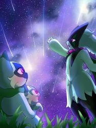  absurdres arm_up blush commentary_request floragato highres kedama_kepe long_hair looking_up meowscarada night outdoors pink_eyes pokemon pokemon_(creature) pokemon_focus sky sprigatito star_(sky) starry_sky 