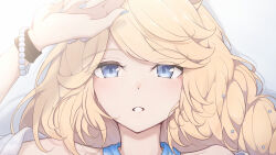  1girl absurdres animal_ears bare_shoulders bead_bracelet beads blonde_hair blue_dress blue_eyes blue_nails bracelet chahiro close-up commentary_request dress eyes_visible_through_hair fingernails gold_city_(gentle_moon)_(umamusume) gold_city_(umamusume) hair_ornament halterneck hand_on_own_head highres horse_ears horse_girl jewelry light_blush long_hair looking_at_viewer nail_polish official_alternate_costume shadow shawl solo umamusume white_background white_shawl wristband 