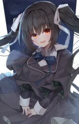  1girl :d absurdres black_capelet black_hair black_jacket black_skirt blue_bow blue_bowtie blush bow bowtie capelet collared_shirt commentary cowboy_shot dress_shirt eyes_visible_through_hair floating_hair frilled_skirt frills hair_between_eyes hair_ribbon happy highres honma_misuzu jacket lace-trimmed_ribbon lace_trim long_hair long_sleeves looking_at_viewer nodoameyatou open_mouth orange_eyes own_hands_together ribbon sakura_no_toki sakura_no_uta school_uniform shirt sidelocks simple_background skirt smile solo teeth twintails upper_teeth_only v_arms very_long_hair white_background white_ribbon white_shirt 