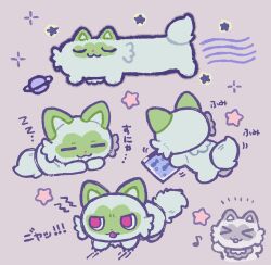  >_< :3 aquarium arms_up claws closed_eyes closed_mouth dot_nose fang fang_out fish jitome lying milkb88 multiple_views musical_note on_stomach open_mouth pink_background planet pokemon pokemon_(creature) pokemon_focus red_eyes saturn_(planet) sleeping sprigatito star_(symbol) translation_request zzz 