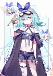  1girl absurdres animal artist_name bandaid bare_shoulders belt bird black_bra blue_bow blue_hair bow bra chibi chunithm cross-shaped_pupils denim denim_shorts fingerless_gloves flat_chest gloves goggles goggles_on_head hair_bow highres holding holding_animal holding_bird looking_at_viewer midriff navel red_eyes rinne_(chunithm) short_hair shorts symbol-shaped_pupils underwear watermark weros_23 