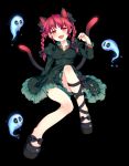  braid cat_ears cat_tail dress enone extra_ears fang floating_skull ghost kaenbyou_rin leg_ribbon open_mouth red_eyes red_hair redhead short_hair simple_background sitting skull smile tail touhou twin_braids twintails 