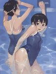  artist_request black_eyes black_hair competition_swimsuit goggles multiple_girls one-piece_swimsuit pool short_hair smile swimming swimsuit 