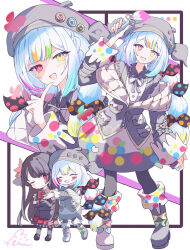  2girls :d absurdres armband asymmetrical_footwear beret black_capelet black_hair black_hat black_jacket black_pantyhose black_shirt black_shoes black_skirt blue_bow blush_stickers bow capelet chibi chibi_inset collared_shirt colored_tips commentary_request contrast_collar crossed_arms crown flower footwear_bow full_body gloves green_bow hair_bow hair_flower hair_ornament hat heterochromia highres holding holding_paintbrush jacket jacket_partially_removed jogasaki_noah layered_skirt long_hair long_skirt long_sleeves mahou_shoujo_no_majo_saiban mini_crown mismatched_footwear multi-tied_hair multicolored_hair multiple_girls multiple_views neck_ribbon necktie nikaido_hiro off_shoulder one_eye_closed overskirt paintbrush pantyhose pleated_skirt polka_dot polka_dot_bow polka_dot_skirt red_armband red_bow red_eyes red_flower red_necktie red_skirt reinoni ribbon shirt shoes side_capelet skirt sleeve_bow smile streaked_hair white_background white_gloves white_hair white_shirt white_shoes yellow_bow yellow_eyes 