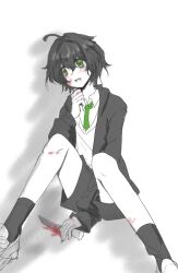  1boy :o ahoge between_legs black_hair black_jacket black_shorts blood blood_from_mouth blood_on_face blood_on_hand blood_on_knife blood_on_leg blood_on_weapon cardigan collared_shirt commentary_request curled_fingers degrees_of_lewdity green_eyes green_necktie hair_between_eyes hair_intakes hand_between_own_legs holding holding_knife jacket kitchen_knife knees_up knife kylar_(degrees_of_lewdity) kylar_(male)_(degrees_of_lewdity) layered_clothes light_blush long_sleeves looking_to_the_side male_focus necktie open_clothes open_jacket red_pupils school_uniform shirt shoes short_hair shorts simple_background sitting socks solo spot_color tareme user_dsff5447 weapon white_background 
