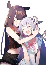  2girls :d absurdres alternate_costume bare_shoulders black_shirt black_shorts blush carternanmen closed_eyes closed_mouth dress gradient_hair grey_hair hair_flaps hair_ornament highres hololive hololive_english koseki_bijou long_hair multicolored_hair multiple_girls ninomae_ina'nis open_mouth pointy_ears purple_hair ribbon shirt short_sleeves shorts sidelocks simple_background sleeveless smile tentacle_hair very_long_hair virtual_youtuber white_background white_dress yuri 
