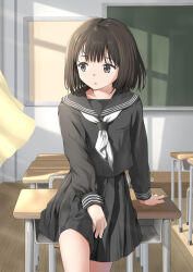  1girl absurdres black_eyes black_hair black_sailor_collar black_serafuku black_shirt black_skirt chalkboard classroom commentary_request curtains desk expressionless floating_curtains highres indoors leaning_on_table long_hair miniskirt neckerchief nedia_(nedia_region) original parted_lips pleated_skirt sailor_collar school_desk school_uniform serafuku shirt short_hair skirt solo white_neckerchief 