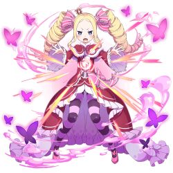  1girl beatrice_(re:zero) blonde_hair blue_eyes blush bow bug butterfly capelet crown dress drill_hair floating_hair frilled_dress frills full_body fur-trimmed_capelet fur_trim game_asset grand_summoners hair_ribbon long_hair long_sleeves looking_at_viewer magic mini_crown official_art open_mouth outstretched_arms pantyhose pink_bow pink_pantyhose pink_ribbon purple_pantyhose re:zero_kara_hajimeru_isekai_seikatsu red_capelet red_dress ribbon shoes sidelocks simple_background solo standing striped_clothes striped_pantyhose symbol-shaped_pupils teeth twin_drills twintails white_background wide_sleeves 
