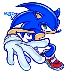  1boy absurdres airshoes animal_ears animal_nose blue_fur closed_mouth commentary english_commentary full_body furry furry_male gloves green_eyes hedgehog hedgehog_boy highres holographicros3 looking_at_viewer male_focus red_shoes shoes signature simple_background smile sneakers sonic_(series) sonic_adventure_2 sonic_the_hedgehog tail white_background white_gloves 