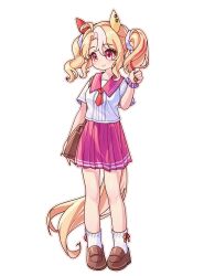  1girl absurdres ahoge animal_ears blonde_hair blush breasts brown_shoes camellia_(camel_mal) closed_mouth ear_covers full_body fusaichi_pandora_(umamusume) hair_between_eyes hair_ornament highres horse_ears horse_girl horse_tail long_hair mismatched_ear_covers multicolored_hair necktie pink_sailor_collar pink_skirt pleated_skirt red_eyes red_necktie sailor_collar school_uniform scrunchie shoes short_sleeves simple_background skirt smile socks solo tail twintails umamusume white_background white_socks wrist_scrunchie 