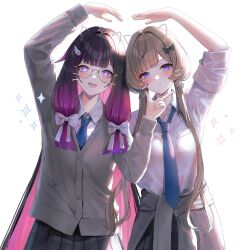  2girls aengdohwa alternate_costume arm_up black_hair black_skirt blue_eyes blue_necktie bow brown_hair closed_mouth clothes_around_waist collared_shirt columbina_(genshin_impact) commentary contemporary drawn_ears drawn_whiskers genshin_impact glasses hair_bow heart_arms heart_arms_duo highres long_hair long_sleeves looking_at_viewer loose_necktie multiple_girls necktie open_mouth purple_hair sandrone_(genshin_impact) school_uniform shirt short_hair skirt sleeves_rolled_up smile sparkle violet_eyes white_background white_bow white_shirt 