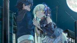  1boy 1girl black_hair blonde_hair commentary_request dress full_moon grey_eyes holding_hands long_hair looking_at_another moon night official_art one_eye_closed power_lines sky tsuki_to_odorou tyaui_(xjju4435) utility_pole very_long_hair yellow_eyes 