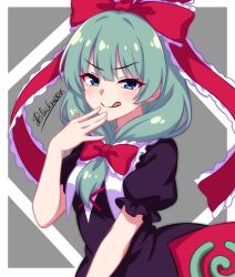  1girl :q blush bow breasts closed_mouth commentary frilled_bow frills green_eyes green_hair hair_bow highres kagiyama_hina long_hair looking_at_viewer puffy_short_sleeves puffy_sleeves purple_shirt red_bow red_skirt shgngzhngdeyti1 shirt short_sleeves skirt small_breasts smile solo tongue tongue_out touhou 