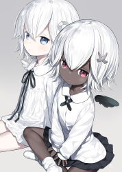  2girls black_ribbon black_skirt black_wings blue_eyes capriccio collared_dress collared_shirt commentary_request crossed_bangs dark-skinned_female dark_skin detached_wings dress grey_background hair_between_eyes hair_ornament invisible_chair long_sleeves looking_at_viewer multiple_girls neck_ribbon no_shoes original parted_lips pink_eyes ribbon shirt short_hair simple_background sitting skirt sleeves_past_wrists socks white_dress white_hair white_shirt white_socks white_wings wings x_hair_ornament 