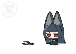  1girl absurdres animal_ear_fluff animal_ears aqua_jacket black_hair black_necktie black_skirt chibi commentary_request fox_ears fox_girl full_body highres hoshimi_miyabi jacket long_hair necktie red_eyes shinonome_nashi shirt skirt solo white_background white_shirt zenless_zone_zero 