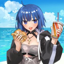 1girl absurdres beach bikini black_bikini blue_eyes blue_hair burger carrotyeh ciel_(tsukihime) commentary cross cross_necklace english_commentary fate/grand_order fate_(series) food highres jewelry mysterious_executor_c.i.e.l_(fate) necklace short_hair swimsuit tsukihime 