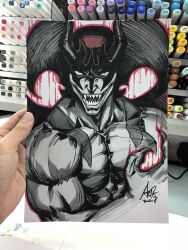  1boy art_tools_in_frame artist's_hand_in_frame claws commentary demon demon_boy devilman devilman_(character) devilman_crybaby english_commentary head_wings highres large_head_wings male_focus marker_(medium) muscular muscular_male open_mouth outline partially_colored photo_(medium) red_outline sharp_teeth signature solo stanley_lau teeth traditional_media wings 