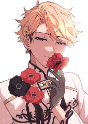  1boy absurdres aibii_(senaru0303) black_flower black_gloves blonde_hair curtained_hair earrings ensemble_stars! flower flower_request fragrance_(ensemble_stars!) frilled_sleeves frills gloves hand_up highres jewelry male_focus narukami_arashi official_alternate_costume red_flower short_hair simple_background solo undercut upper_body violet_eyes white_background 
