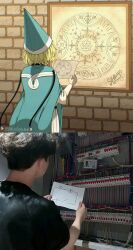  1boy 1girl absurdres aqua_cloak arrow_(symbol) blonde_hair cable circle cloak coco_(tongari_boushi_no_atelier) conical_hat cowboy_shot drawing_(object) from_behind hat highres holding holding_paper long_sleeves paper photo_inset picture_frame qifrey's_atelier_apprentice_uniform short_hair slendy13 square tassel tongari_boushi_no_atelier tunic wire wizard_hat 