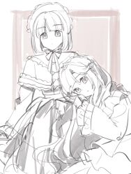  2girls anyoji_hime bob_cut border greyscale_with_colored_background highres leaning_on_person leaning_to_the_side long_hair looking_at_viewer love_live! love_live!_hasu_no_sora_jogakuin_school_idol_club momose_ginko multiple_girls outside_border poupee_en_lotus_(love_live!) ruoguiling short_hair virtual_youtuber white_border 
