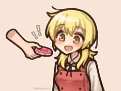  ! !! 1girl :d blonde_hair brown_eyes disembodied_hand doughnut food hidamari_sketch highres holding holding_donut holding_food miyako_(hidamari_sketch) open_mouth school_uniform shimejimee simple_background smile solo twitter_username yamabuki_high_school_uniform yellow_eyes 