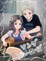  2girls black_shirt blonde_hair blue_dress brown_eyes brown_hair character_request closed_mouth collarbone commentary_request couch crossed_legs dress eyelashes flower grin guitar hair_flower hair_intakes hair_ornament highres holding holding_guitar holding_instrument idolmaster idolmaster_cinderella_girls indoors instrument jewelry long_hair multiple_girls necklace on_couch pixie_cut senzaki_ema shirt short_hair short_sleeves sidelocks sitting smile teeth translation_request tuning_instrument unyon v-shaped_eyebrows very_short_hair white_shirt 
