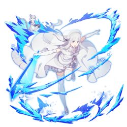  1girl braid dress elbow_gloves elf emilia_(re:zero) floating_hair flower full_body game_asset gloves grand_summoners hair_flower hair_ornament hair_ribbon holding holding_weapon ice long_hair looking_at_viewer magic miniskirt official_art open_mouth pointy_ears puck_(re:zero) re:zero_kara_hajimeru_isekai_seikatsu ribbon rose simple_background skirt standing standing_on_one_leg sword thigh-highs very_long_hair violet_eyes weapon white_background white_dress white_flower white_gloves white_hair white_rose x_hair_ornament zettai_ryouiki 